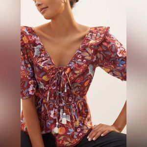 Maeve by Anthropologie Ruffled Tie-Front Blouse Safari Animal Print